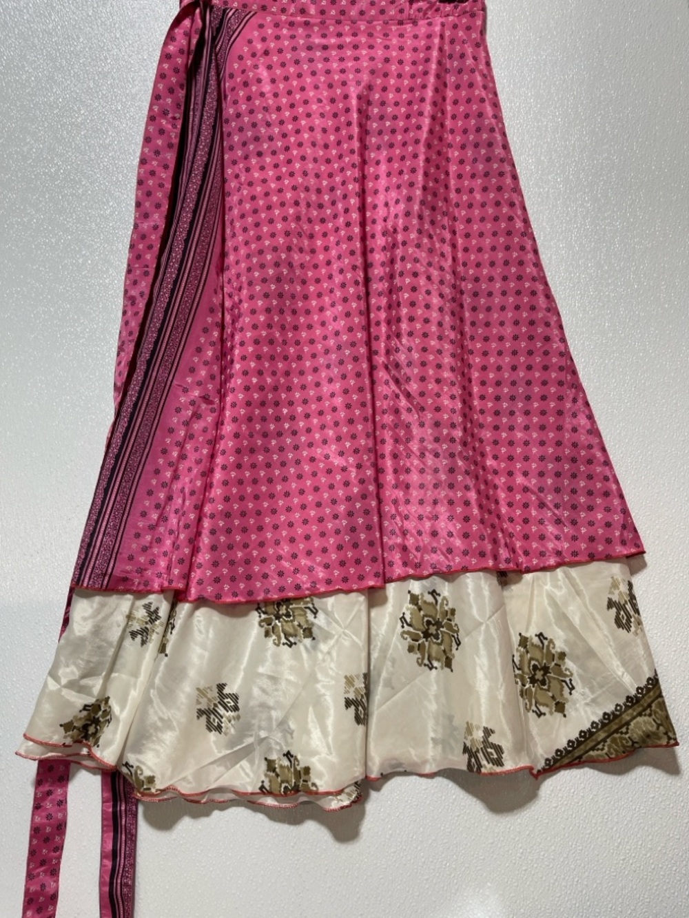 2/$60 SILK Pink Printed Maxi Wrap Skirt with Cream Floral Hem